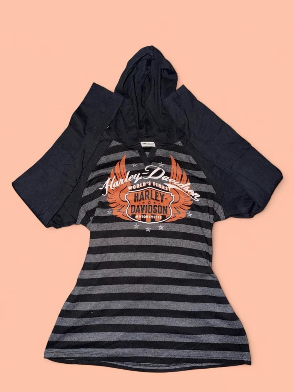 Harley-Davidson Black & Gray Striped Girls' Hoodie Tee with Orange Logo